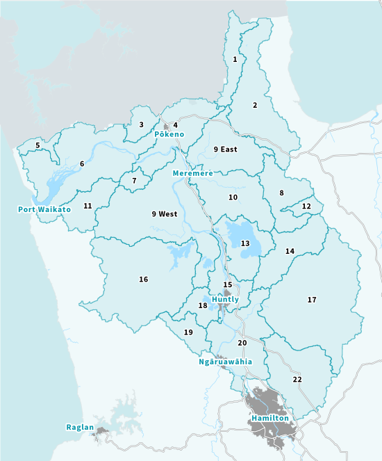 Image of a map showing all Lower Waikato river catchments