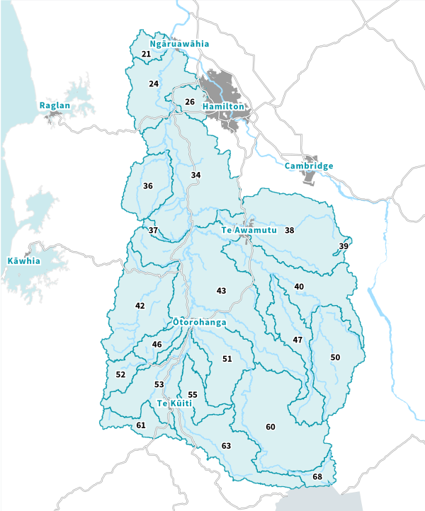 Image of a map showing all Waipā river catchments
