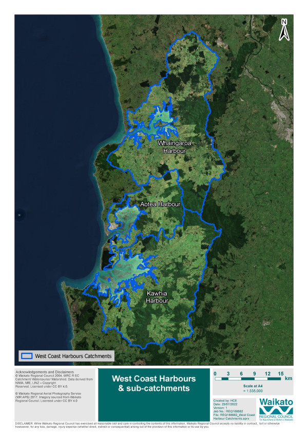 Map showing West Coast harbours catchment zones