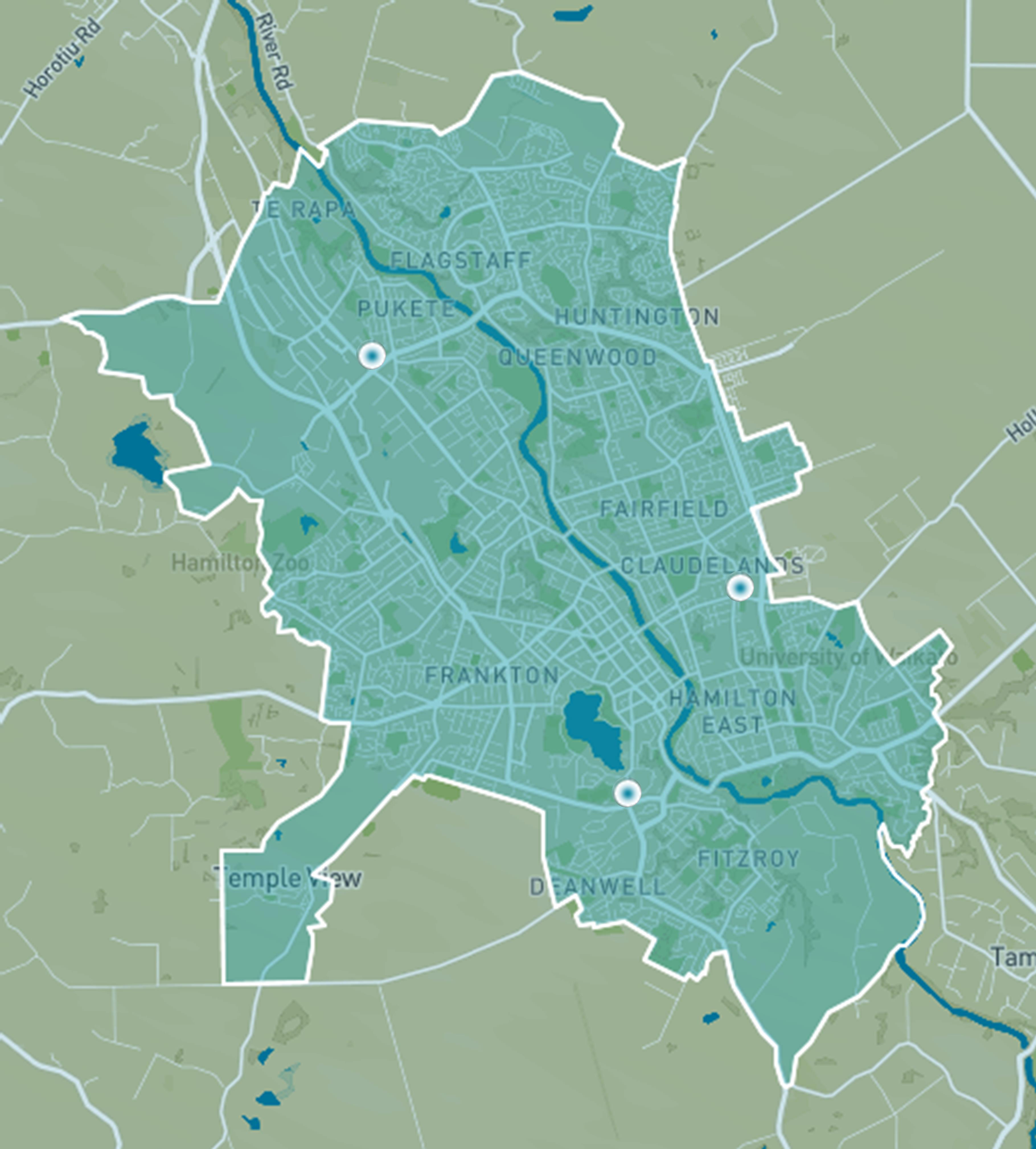 Map showing Waikato Regional Council's NO2 monitoring sites in Hamilton