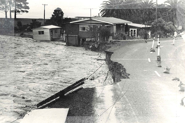 2002 Weather Bomb - SH25, Te Puru- road and property damage from flooding