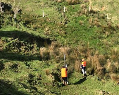 Image of men holding a post at the bottom of a hill for planting