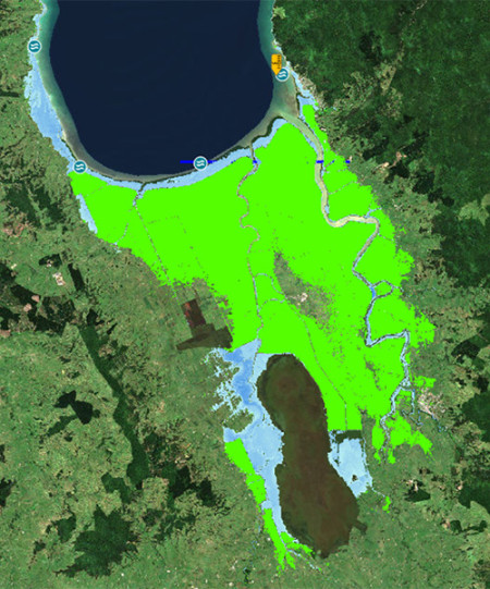 Map showing the defended area (green) against a level of service coastal event.