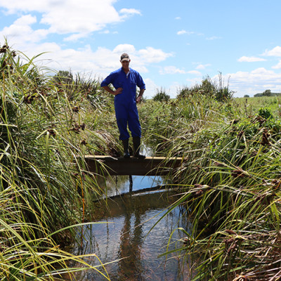 Image of a man standing on a manmade drain over a stream