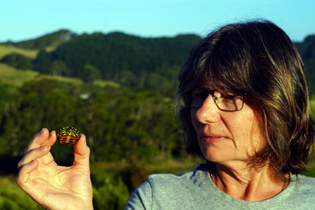 Jayne holding a very small red eared slider turtle with native bush and Maunga in the background