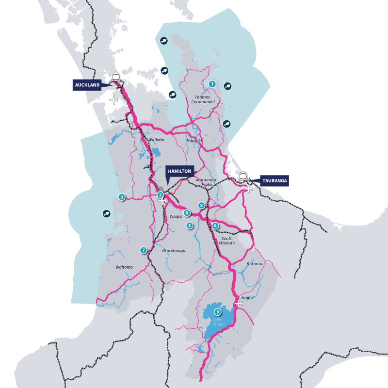 Map of Waikato region showing main lines