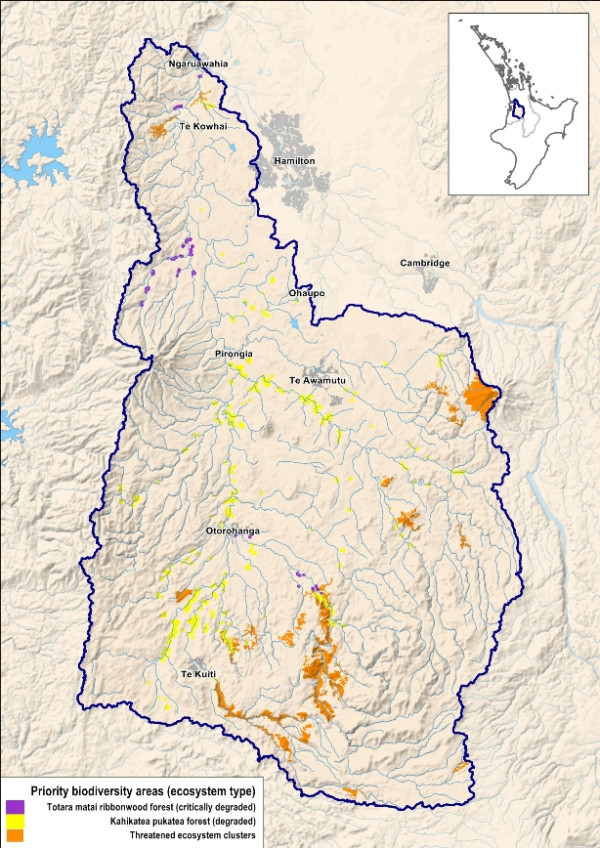 map showing Wāipa priority biodiversity areas by ecosystem type