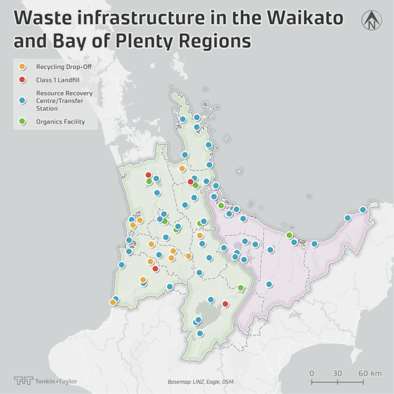 Map showing waste infrastructure in the Waikato and Bay of Plenty regions